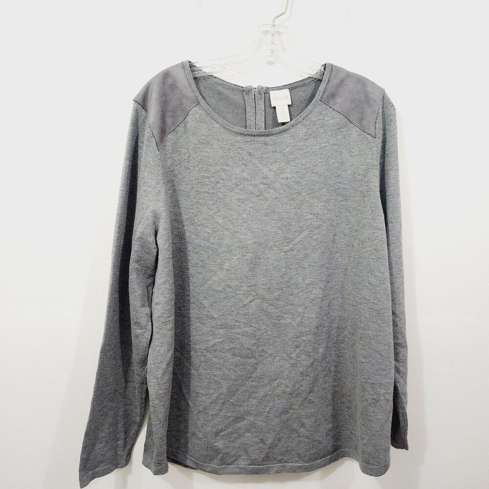 Chicos Faux Suede-Trim Mindy Pullover Knit Top Heather Gray Women's Size XL/16